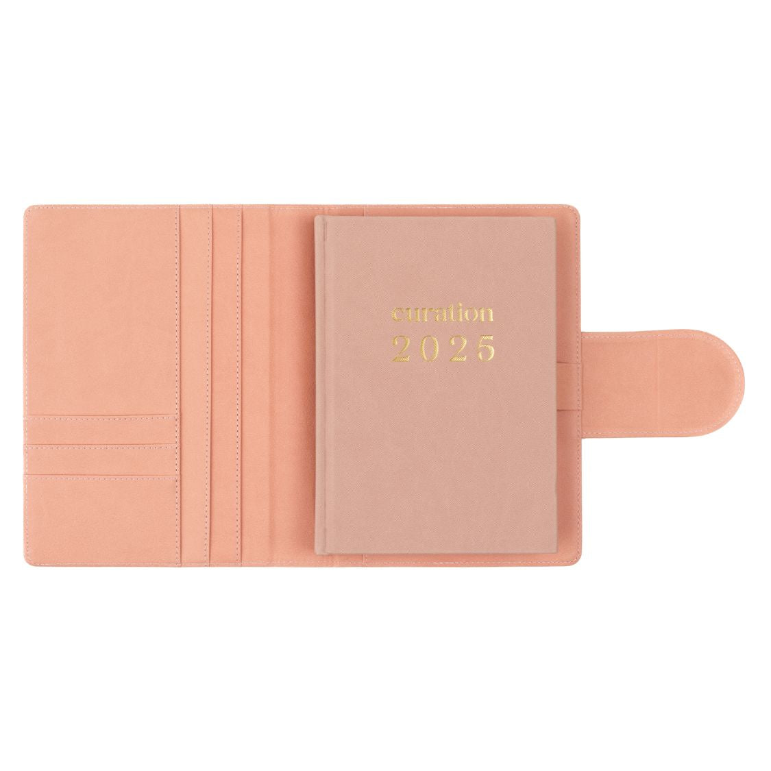 Compendium flamingo pink colour with Curation 2025 diary inside